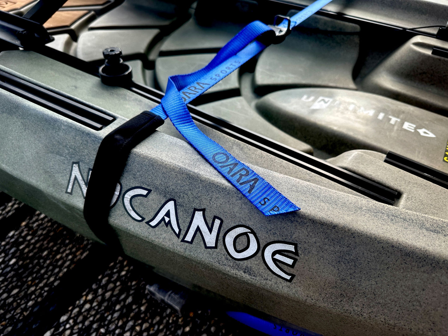 Protect your canoe while transporting it. Use the Oara Sports brand Cam Strap set available from Recreational Innovations.