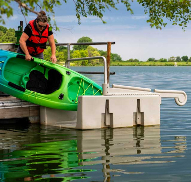 Launching a kayak with a YAKport Kayak Launch. Put your kayak in the YAKport kayak launch.