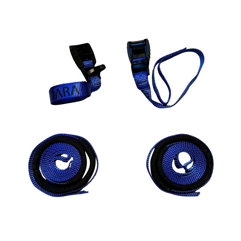 Oara Sports Protective 9 foot Loop Cam Straps are available at Recreational Innovations.Set of blue straps with black buckles on a white background.