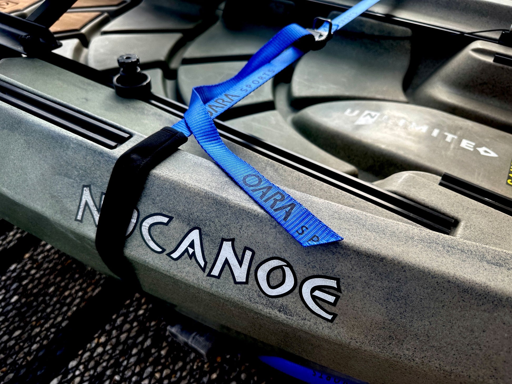 Protect your canoe while transporting it. Use the Oara Sports brand Cam Strap set available from Recreational Innovations.
