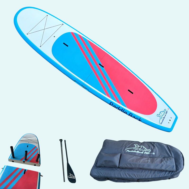 PaddleBack SUP shown assembled and being assembled. PaddleBack SUP carrying case and paddle.