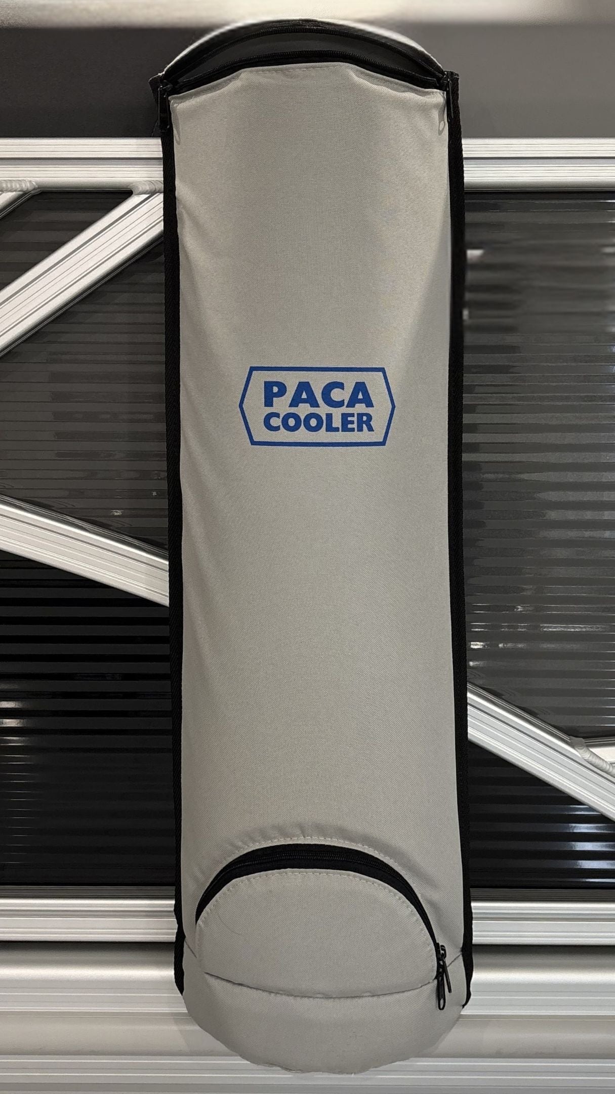 New Paca Cooler on a gray Pontoon boat. Top opening for loading is unzipped in this photo.